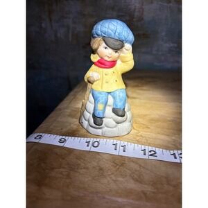 Vintage Jasco Bisque Porcelain Boy Figural Bell Yellow Coat Newsboy Cap Taiwan